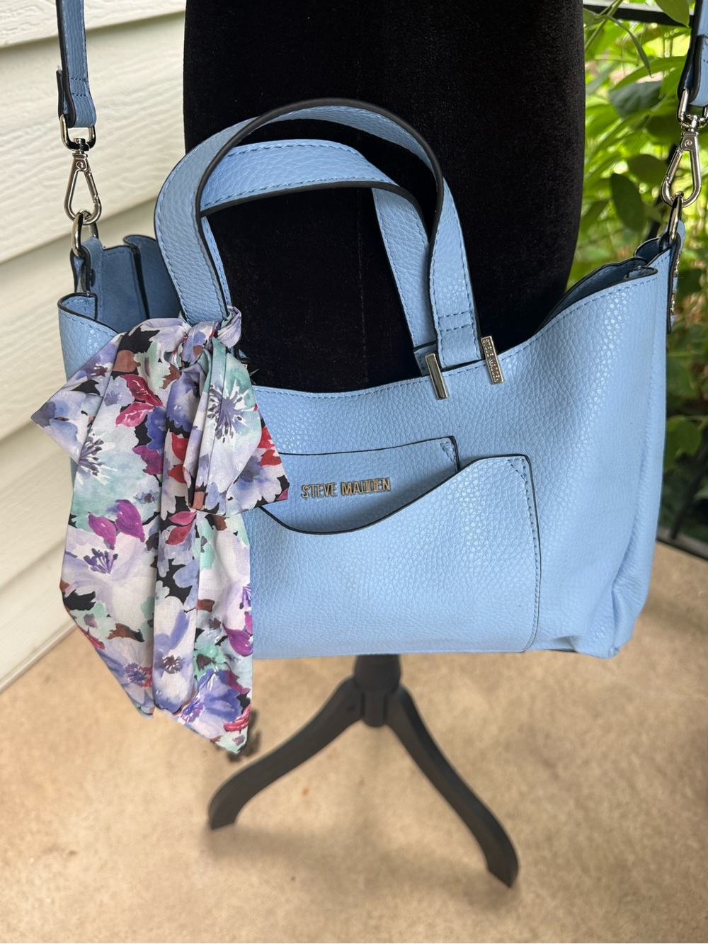 Steve Madden Light Blue Pebbled Leather Tote with Floral Scarf Accent